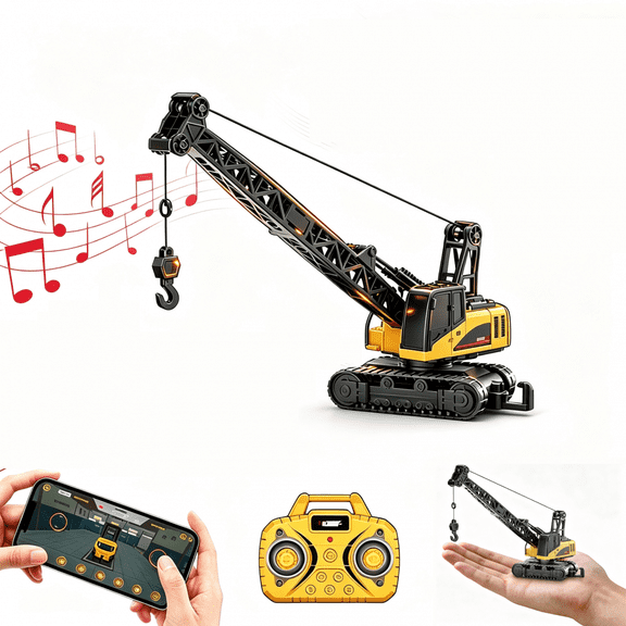 Mini RC Crane, 1/64 RC Truck Toys with Sound & Hook for Kids Adults Birthday Gifts-Yellow