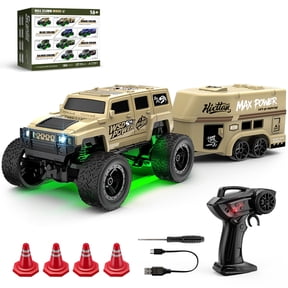 Mini RC Crawler, 1/64 Scale 2.4Ghz Full Proportional Remote Control Car with Trailer, Gyro, LED Lights, Dual Velocity Mode(Yellow)
