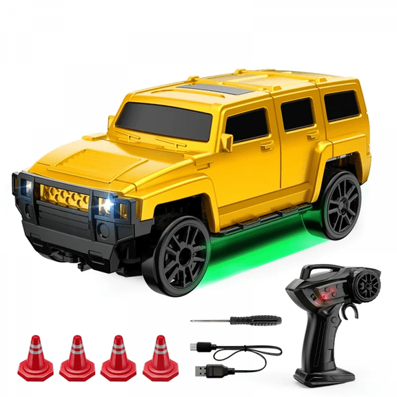 Mini RC Drift Truck for Kids, 1:64 Scale 4WD Remote Control Race Car with Lights & Multi-Terrain Tires for Boys Ages 3+ Christmas Birthday Gifts(Yellow)