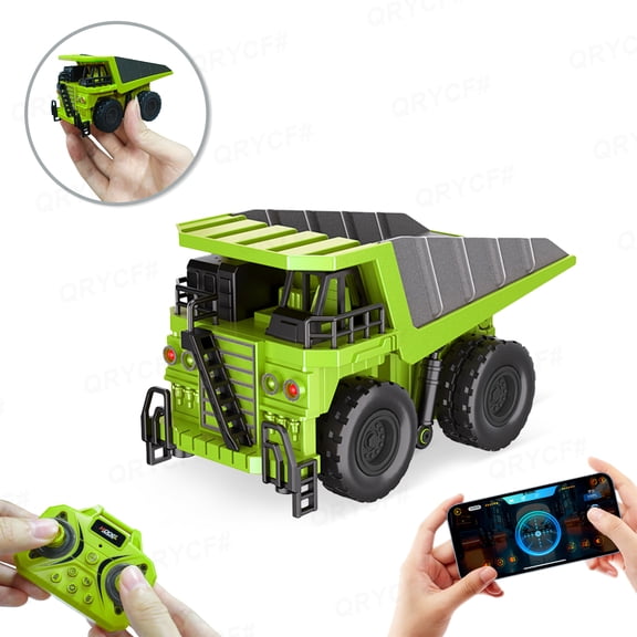 Mini RC Dump Truck 1:64 Alloy Remote Control Car with Adjustment Lights & Sound, APP Control Construction Truck for Kids Adults Gifts(Green)