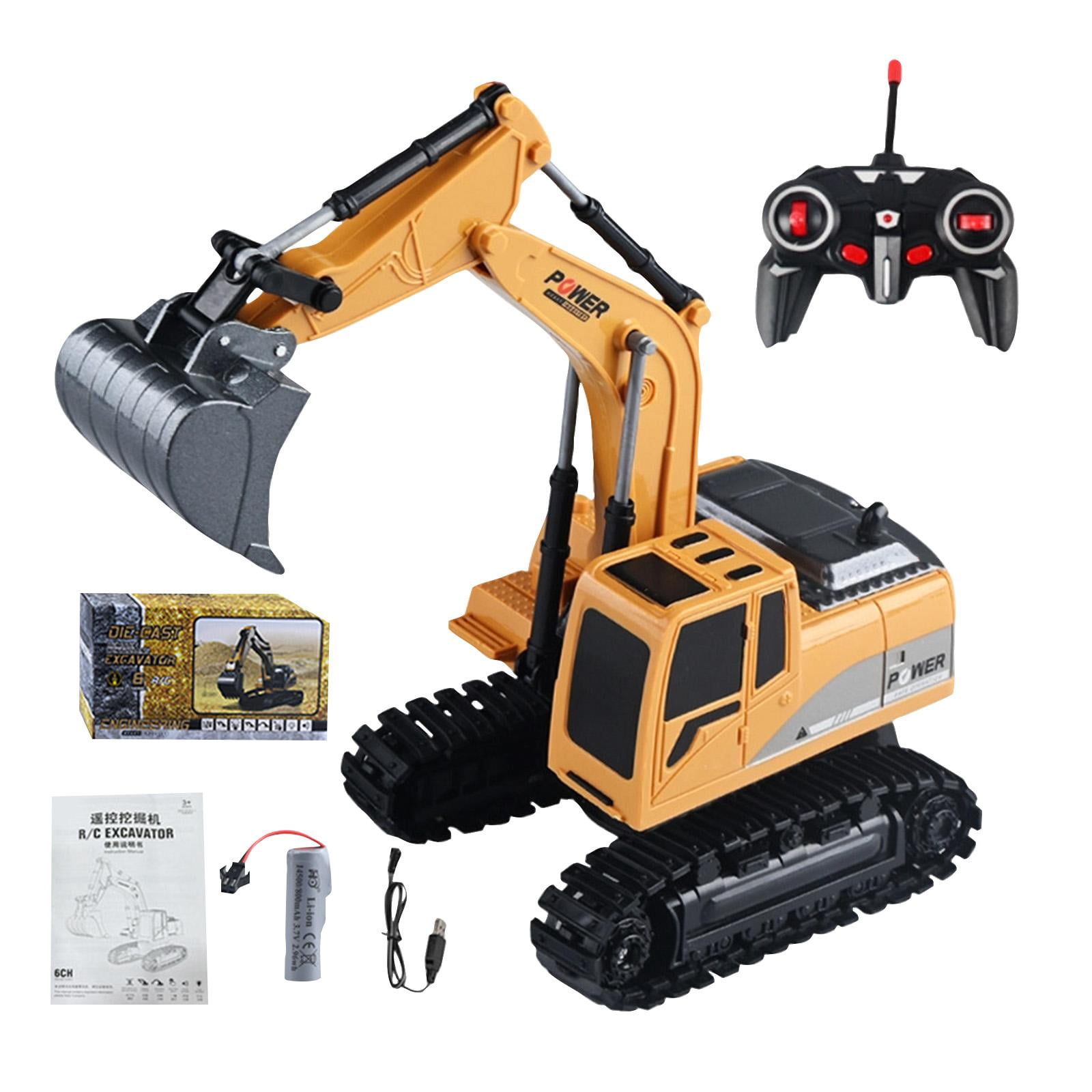Mini RC Excavator 6-Channel Remote Control Construction Vehicle Toy, Yellow - 6-Channel Control, Includes Screwdriver, Data Cable, Steering Wheel, Manual, Realistic Design - for Kids, Toddlers, Indoo