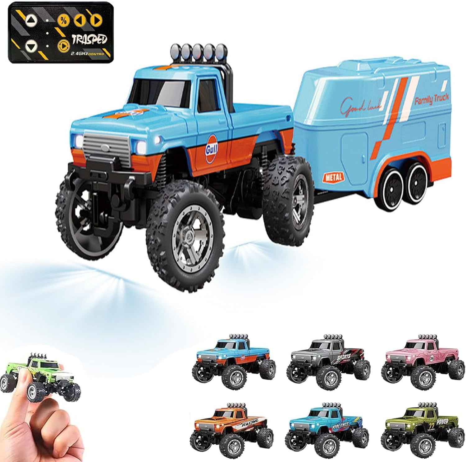 Mini RC Monster Truck, 2025 New Mini Rc Monster Truck, 1:64 Scale Monster Truck Remote Control Car with Lights, USB Rechargeable Mini RC Truck with Trailer, 2.4Ghz Remote Control