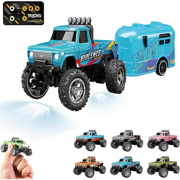 Mini RC Monster Truck, 2025 New Mini Rc Monster Truck, 1:64 Scale Monster Truck Remote Control Car with Lights, USB Rechargeable Mini RC Truck with Trailer, 2.4Ghz Remote Control