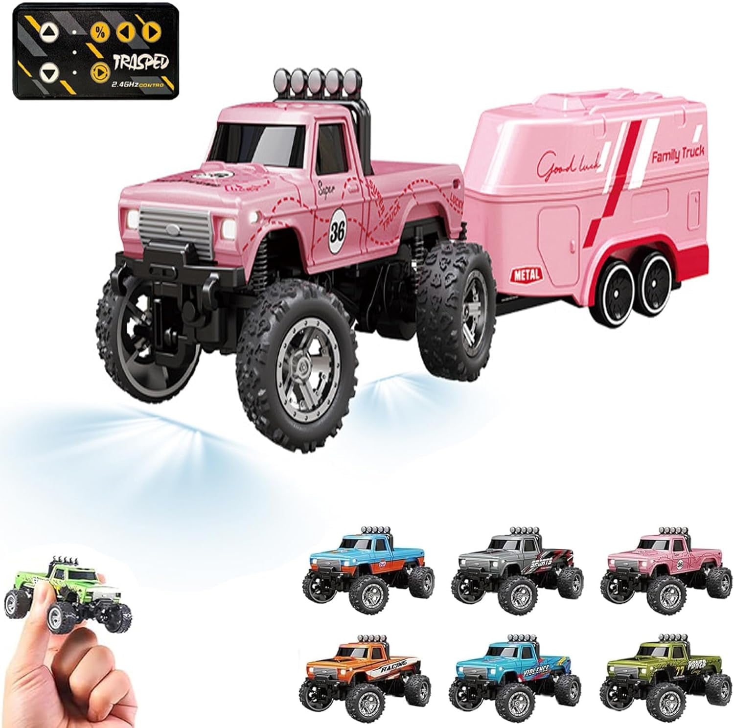 Mini RC Monster Truck, 2025 New Mini Rc Monster Truck, 1:64 Scale Monster Truck Remote Control Car with Lights, USB Rechargeable Mini RC Truck with Trailer, 2.4Ghz Remote Control