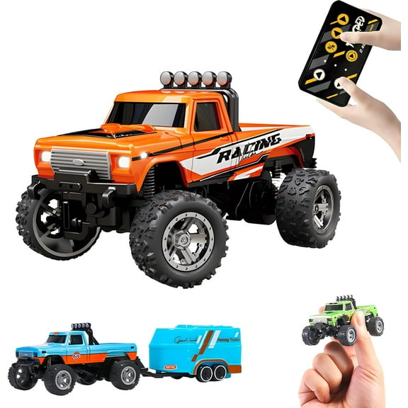 Mini RC Monster Truck, Remote Control Car, 1:64 Scale Monster Truck with Lights, 2.4GHz Rc Monster Truck, Rechargeable Remote Control Semi Truck with Trailer, Speed/Steering Adjustable