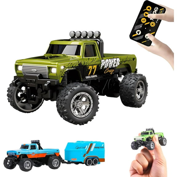 Mini RC Monster Truck, Remote Control Car, 1:64 Scale Monster Truck with Lights, 2.4GHz Rc Monster Truck, Rechargeable Remote Control Semi Truck with Trailer, Speed/Steering Adjustable