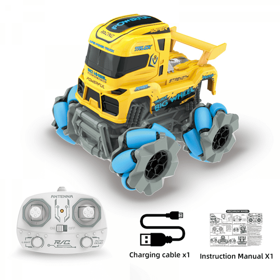 Mini RC Stunt Truck 1/64 4WD 360° Rotation Remote Control Car with Lights for Adults & Kids Christmas Birthday Gifts-Blue-Yellow