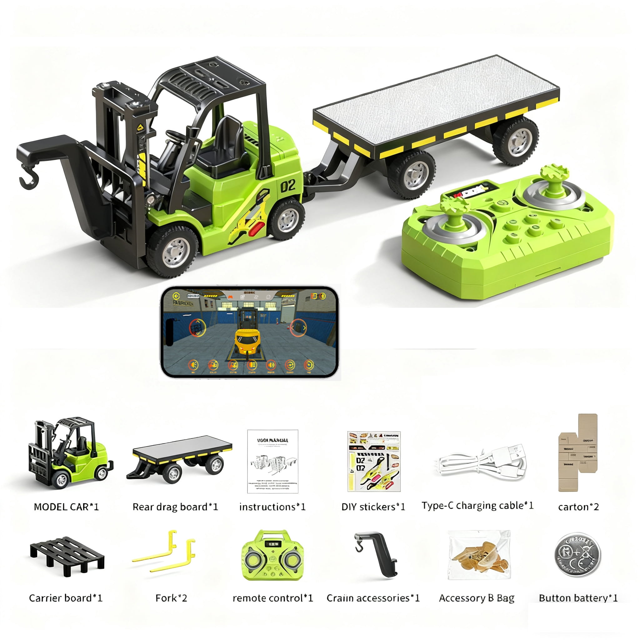Mini RC Truck 1:64 RC Forklift Toy 2 in 1 RC Cars Lift Fork & Hook with Lights & Sounds for Kids Christmas Birthday Gifts - Green