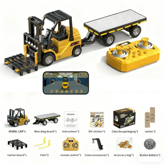 Mini RC Truck 1:64 RC Forklift Toy 2 in 1 RC Cars Lift Fork & Hook with Lights & Sounds for Kids Christmas Birthday Gifts - Yellow