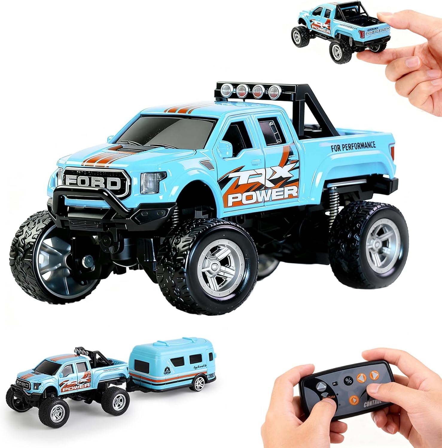 Mini RC Truck, 1/64 Scale Alloy Remote Control Monster Truck with Lights, 2.4GHz Remote Control Car, Mini Monster Truck with Trailer,Speed & Steering Adjustable Blue