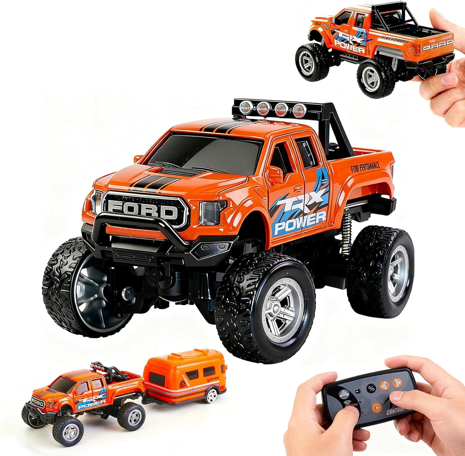 Mini RC Truck, 1/64 Scale Alloy Remote Control Monster Truck with Lights, 2.4GHz Remote Control Car, Mini Monster Truck with Trailer,Speed & Steering Adjustable Orange