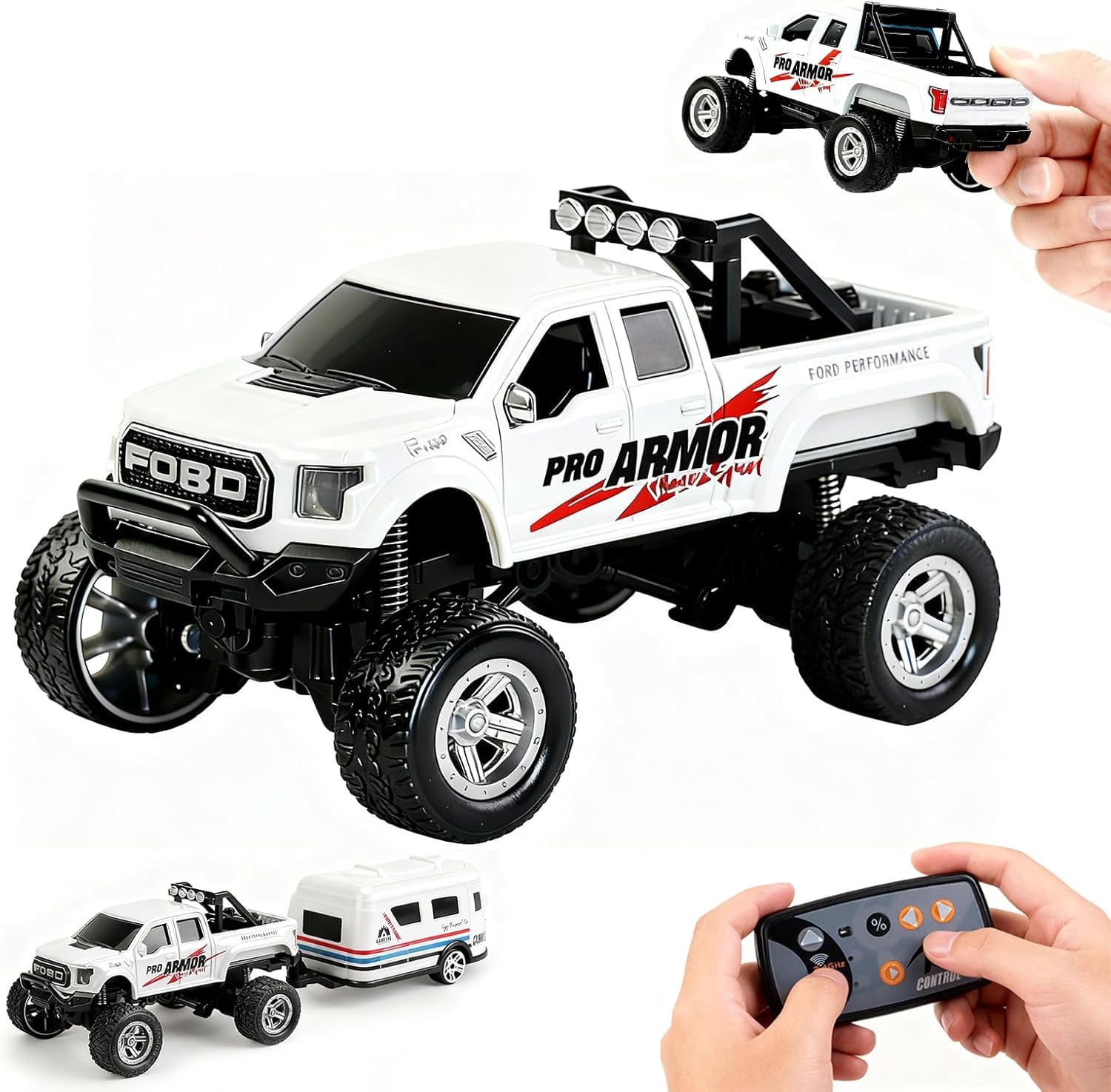 Mini RC Truck, 1/64 Scale Alloy Remote Control Monster Truck with Lights, 2.4GHz Remote Control Car, Mini Monster Truck with Trailer,Speed & Steering Adjustable White