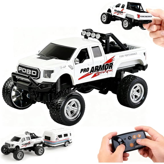 Mini RC Truck, 1/64 Scale Alloy Remote Control Monster Truck with Lights, 2.4GHz Remote Control Car, Mini Monster Truck with Trailer,Speed & Steering Adjustable White