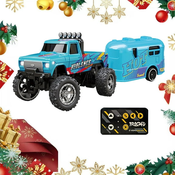 Mini RC Truck,Mini RC Monster Truck,1:64 Scale Monster Truck with Lights,Rechargeable Remote Control Semi Truck with Trailer,Mini Rc Alloy Monster Truck,Adjustable Speed/Steering(Blue)
