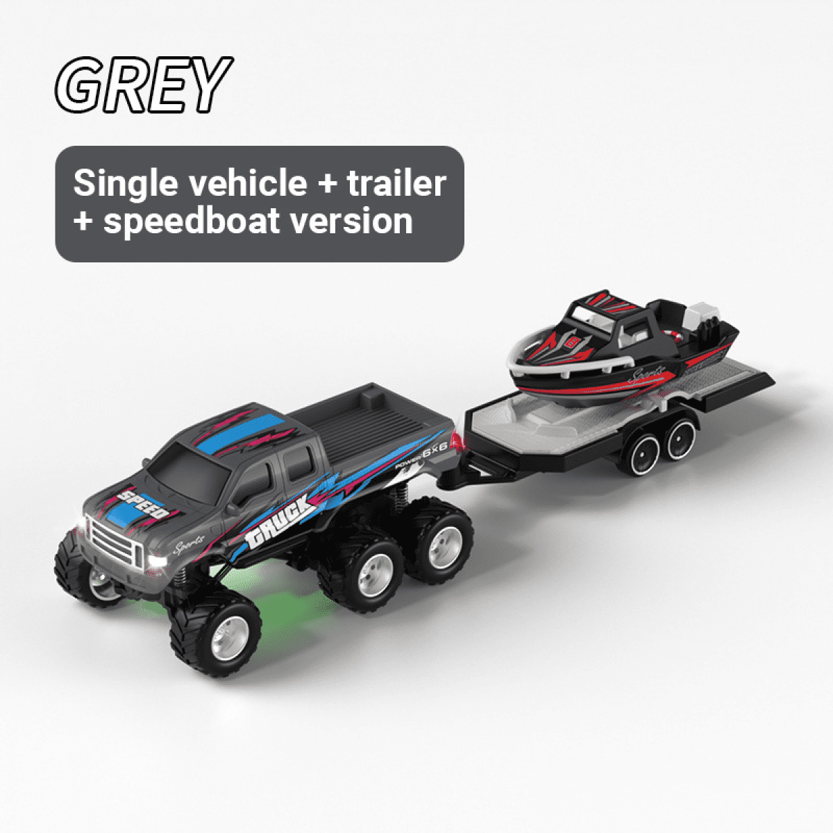 Mini RC Truck with Trailer & Boat for Adults, 1/64 Alloy Desktop Pickup Remote Control Car with Lights for Kids Birthday Gifts(Gray)