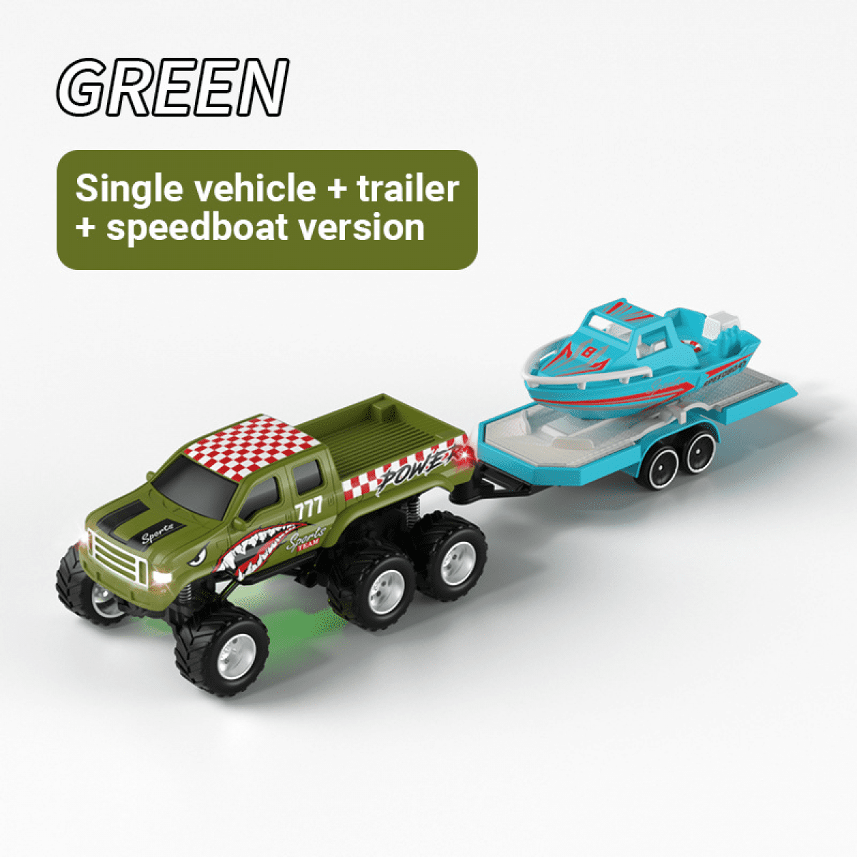 Mini RC Truck with Trailer & Boat for Adults, 1/64 Alloy Desktop Pickup Remote Control Car with Lights for Kids Birthday Gifts(Green)