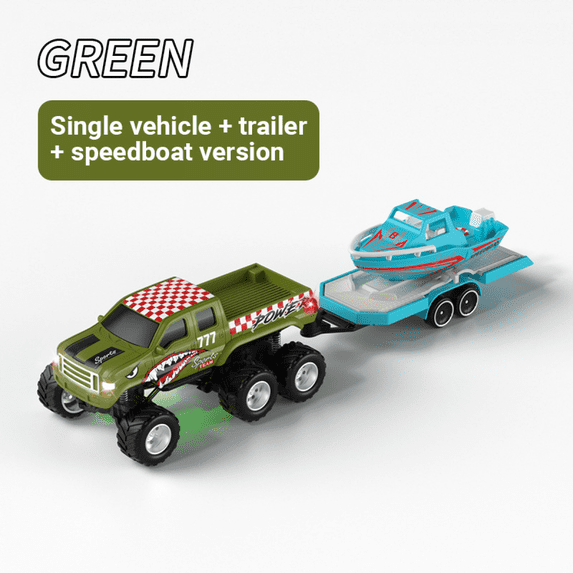 Mini RC Truck with Trailer & Boat for Adults, 1/64 Alloy Desktop Pickup Remote Control Car with Lights for Kids Birthday Gifts(Green)