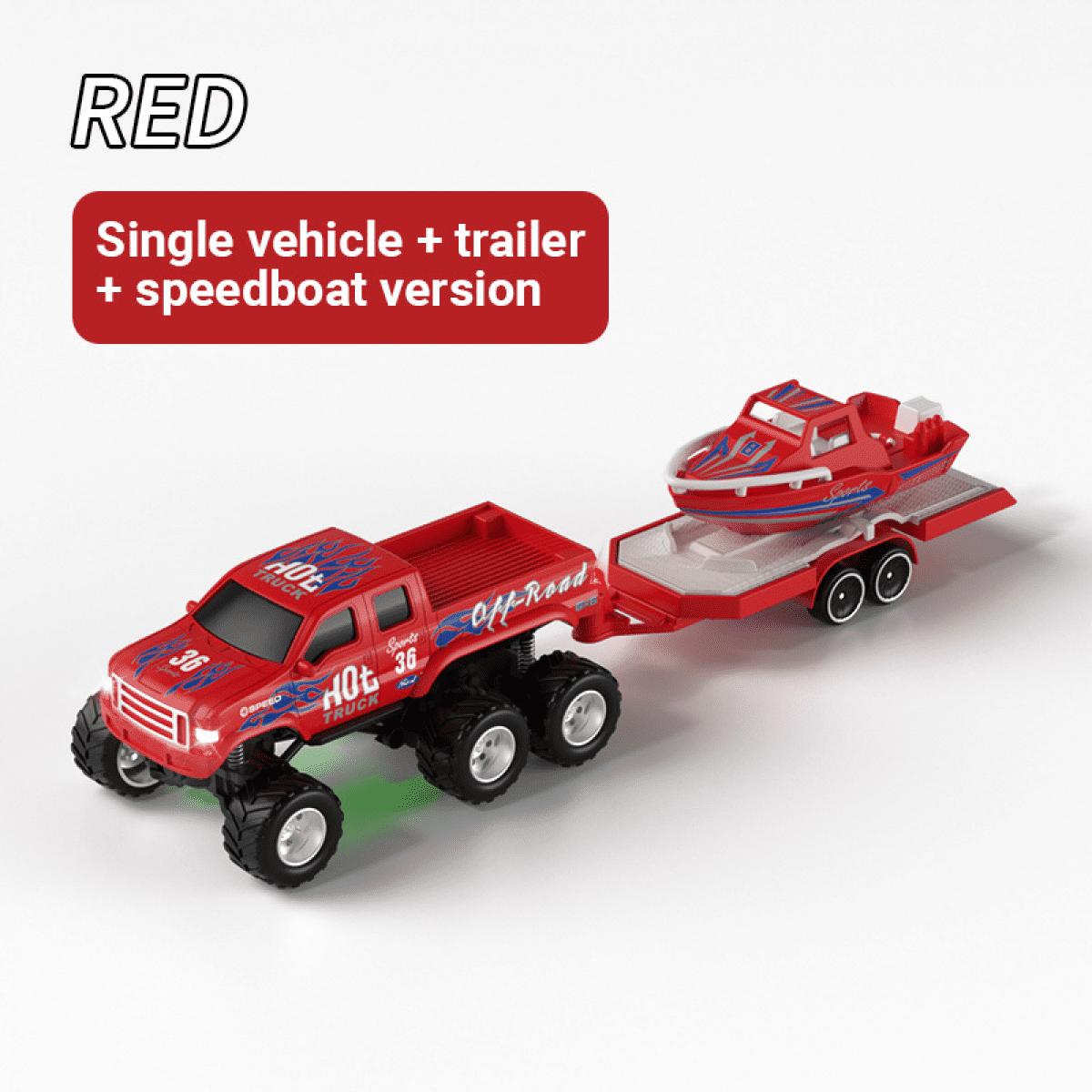 Mini RC Truck with Trailer & Boat for Adults, 1/64 Alloy Desktop Pickup Remote Control Car with Lights for Kids Birthday Gifts(Red)