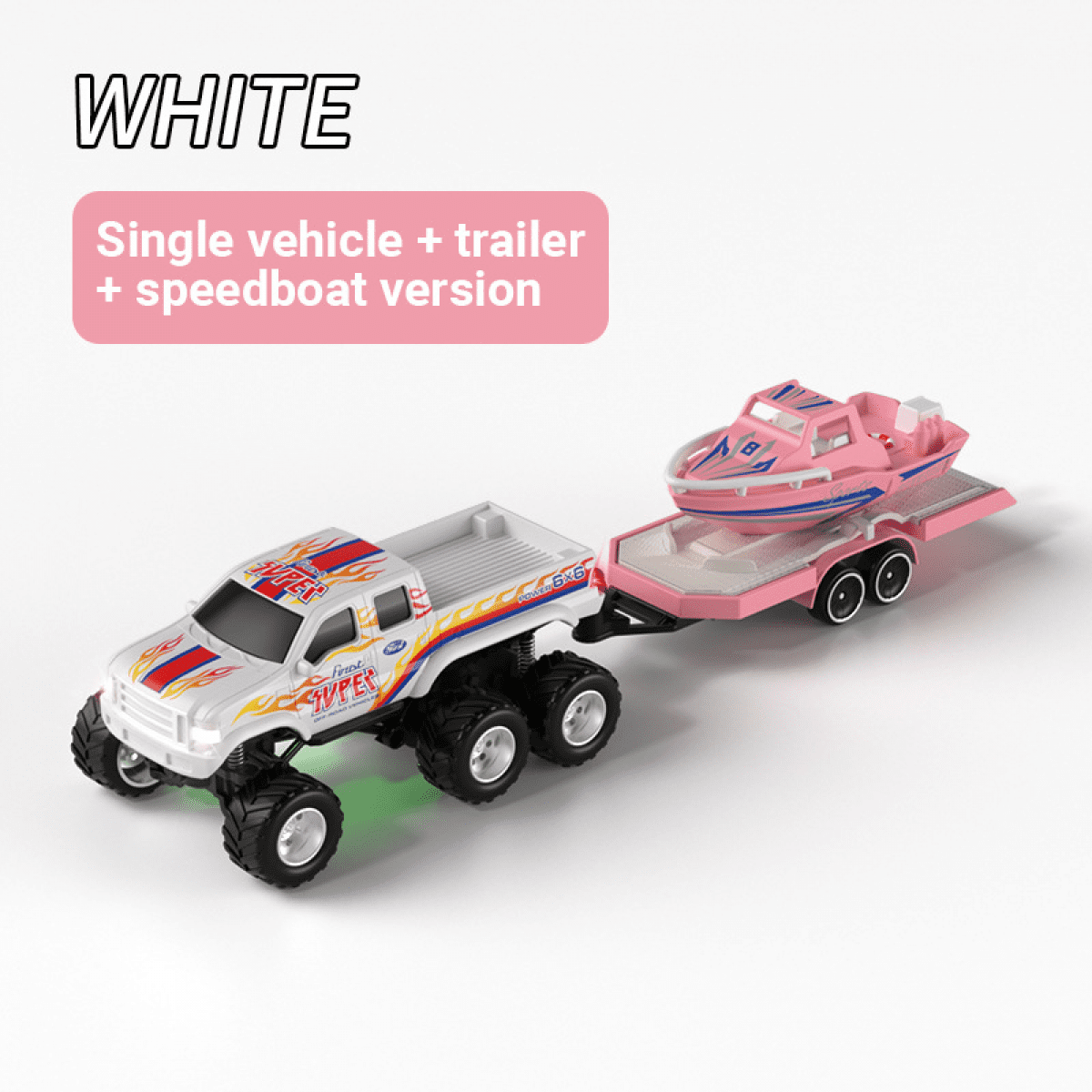 Mini RC Truck with Trailer & Boat for Adults, 1/64 Alloy Desktop Pickup Remote Control Car with Lights for Kids Birthday Gifts(White)