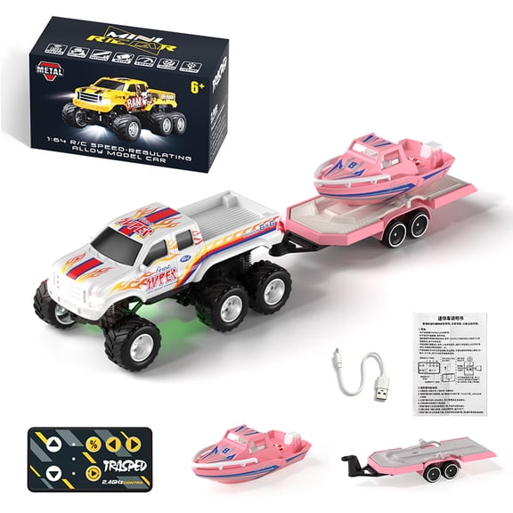 Mini RC Truck with Trailer & Boat for Adults, 1/64 Alloy Desktop Pickup Remote Control Car with Lights for Kids Birthday Gifts(White)