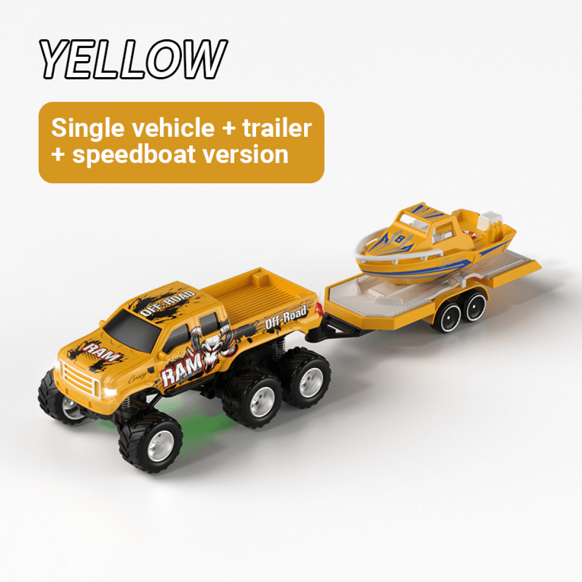 Mini RC Truck with Trailer & Boat for Adults, 1/64 Alloy Desktop Pickup Remote Control Car with Lights for Kids Birthday Gifts(Yellow)