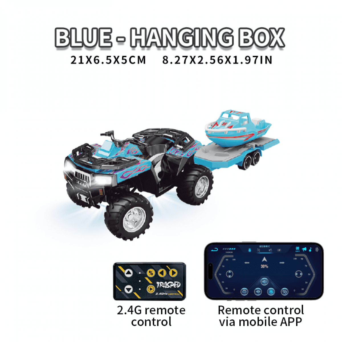 Mini RC Truck with Trailer Boat for Adults 4-wheels 1:64 Alloy Remote Control Car with Lights, Desktop Off-road Motorcycle for Kids Gifts(Blue)