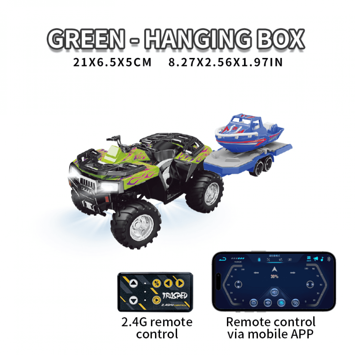Mini RC Truck with Trailer Boat for Adults 4-wheels 1:64 Alloy Remote Control Car with Lights, Desktop Off-road Motorcycle for Kids Gifts(Green)