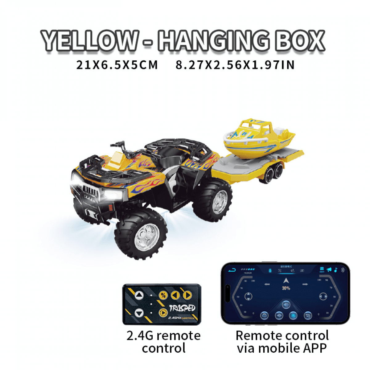 Mini RC Truck with Trailer Boat for Adults 4-wheels 1:64 Alloy Remote Control Car with Lights, Desktop Off-road Motorcycle for Kids Gifts(Yellow)
