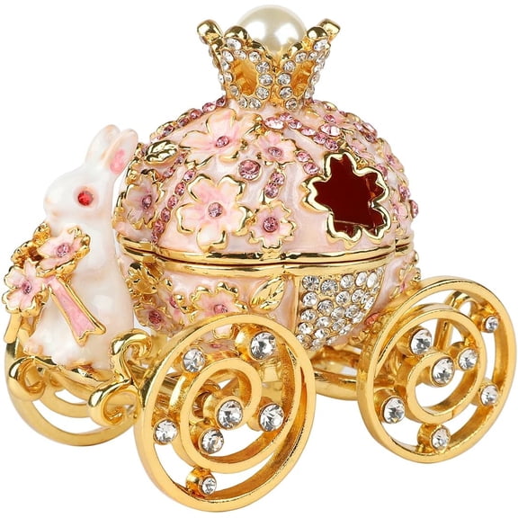 Mini Rabbit Enamel Fairy Tale Jewelry Box, Cherry Blossom Rabbit Carriage Trinket Box, Princess-Themed Decorative Storage, Hinged Hand-Painted Enamel Gift for Birthdays, Valentine's Day