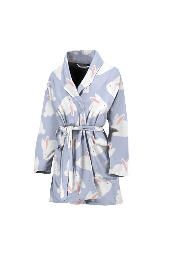 Mini Rabbit Pattern Women Bathrobe One Size Univeral Fits, Rabbit Fashion Lightweight Plush Fleece Long Robe For Women
