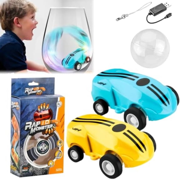 Mini Racing Car 2 Pack Mini Keychain Glow in The Dark LED Fast Pocket Racers Fidget Toys, 2 Mini Cars with 2 Racing Stunt Balls, 2 Clips, and 2 Chargers
