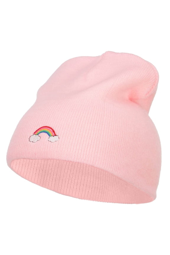 Mini Rainbow Embroidered Short Beanie - Pink OSFM