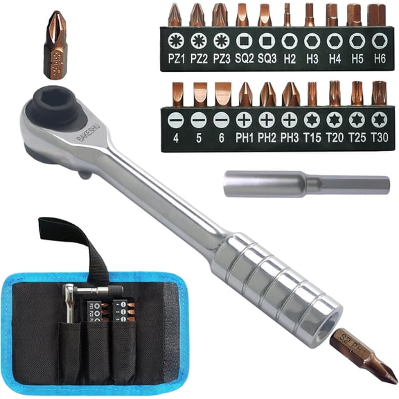 Mini Ratchet Screwdriver Set, Right Angle Screwdriver,Short Offset Screwdrivers with Phillips, Flat, Torx, Hex, Square,Pozidriv S2-Alloy Steel Bits (72-Teeth)