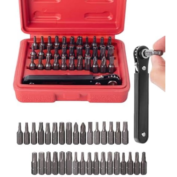 Mini Ratchet Set, 34 pcs, 1/4-Inch Drive, Cr-V Steel, Security Bit Set, Right Angle Screwdriver, 90 Degree Screwdriver, Torx Plus/Torx/Phillips/Slotted, Red Storage Box