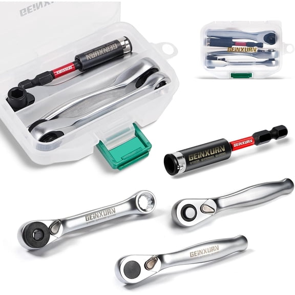 Mini Ratchet Wrench& Bit Holder Set 4 Pcs, 1/4" Drive Ratchet Handle Wrench, 72-T Quick-Release Reversible Socket Wrench, Impact Extension Bit Holder with Case