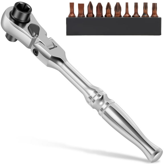 Mini Ratchet Wrench Set Chrome Vanadium Steel 2 in 1 Flex Head Ratchet Wrench Reversible 1/4 Inch Drive Ratchet and Bit Driver with 10 Bits for Tight Space