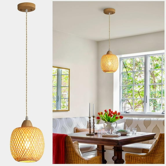 Mini Rattan Pendant Light Fixture Adjustable Handmade Woven Pendant Lights Kitchen Island Wicker Kitchen Pendant Lighting Over Sink Farmhouse Coastal 1 Pack