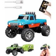 Mini Rc Monster Truck, 1/64 Scale with Trailer & Dual Control, Mini Rc Monster Truck 1/64 with 3-Speed & Led Lights, Bigfoot Monster Off-Road Vehicle Usb Rechargeable for Fun with Trailer, blue2