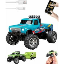 Mini Rc Monster Truck, 1/64 Scale with Trailer & Dual Control, Mini Rc Monster Truck 1/64 with 3-Speed & Led Lights, Bigfoot Monster Off-Road Vehicle Usb Rechargeable for Fun (with Trailer, blue)