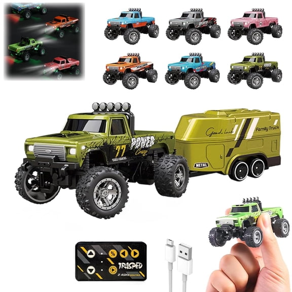 Mini Rc Monster Truck, Monster Truck Remote Control, 1:64 Scale, Die Cast Metal toy Cars, off Road Rc Car, Led off Road Lights, Light Bar for Truck, Green, 2 Set, Sealed Package,