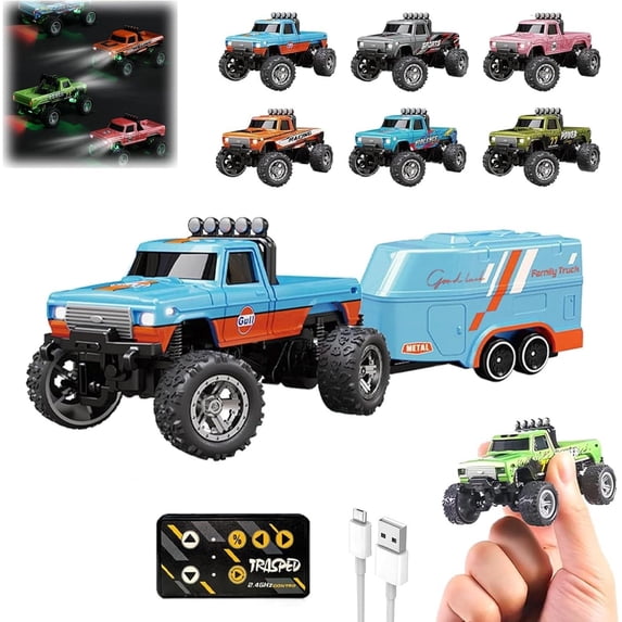 Mini Rc Monster Truck, Rc Monster Truck, Die Cast Metal toy Cars, Little Blue Truck toy, Mini Rc Truck with Trailer, Remote Control Light, Led Truck Lights, off Road Terrain, 1:64