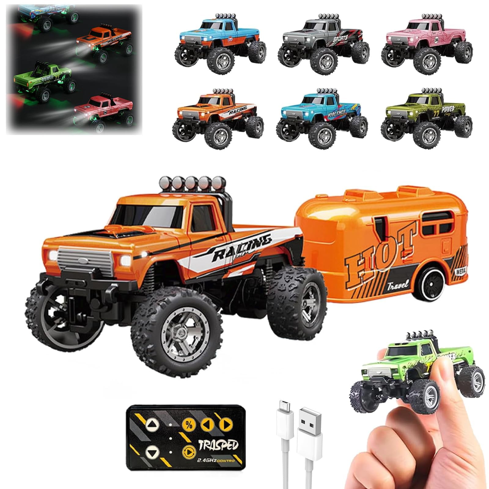 Mini Rc Monster Truck, Mini Rc Remote Control Truck with Trailer, 1/64 Scale Monster Truck with Lights, 2.4GHz Rechargeable Remote Control Semi Truck 3 Speed Adjustable