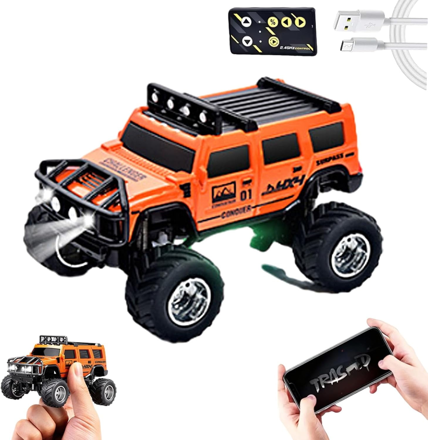 Mini Rc Off-Road Truck with Lights, 1:64 Mini Rc Monster Truck, 2.4ghz Remote and App Control Toy Car, 3-Speed Adjustment, Indoor/Outdoor Racing Toy Truck
