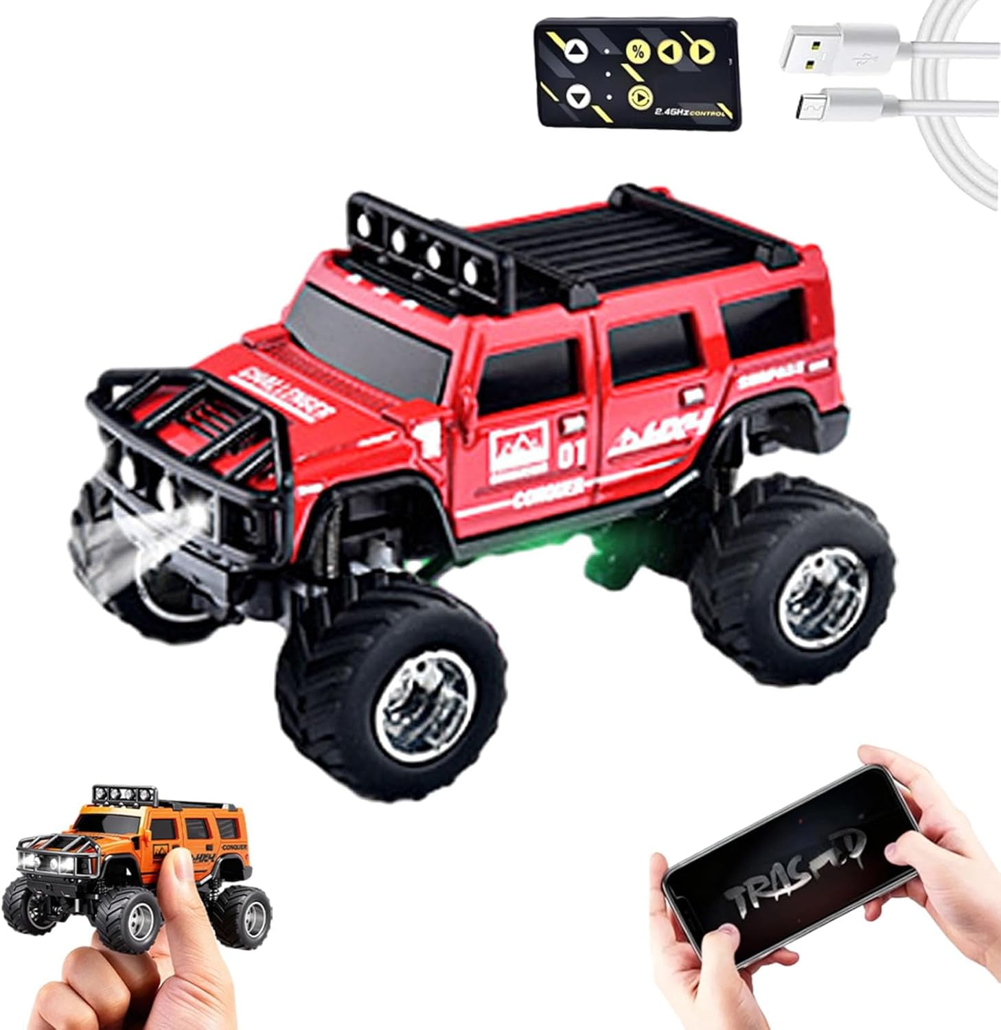 Mini Rc Off-Road Truck with Lights, 1:64 Mini Rc Monster Truck, 2.4ghz Remote and App Control Toy Car, 3-Speed Adjustment, Indoor/Outdoor Racing Toy Truck