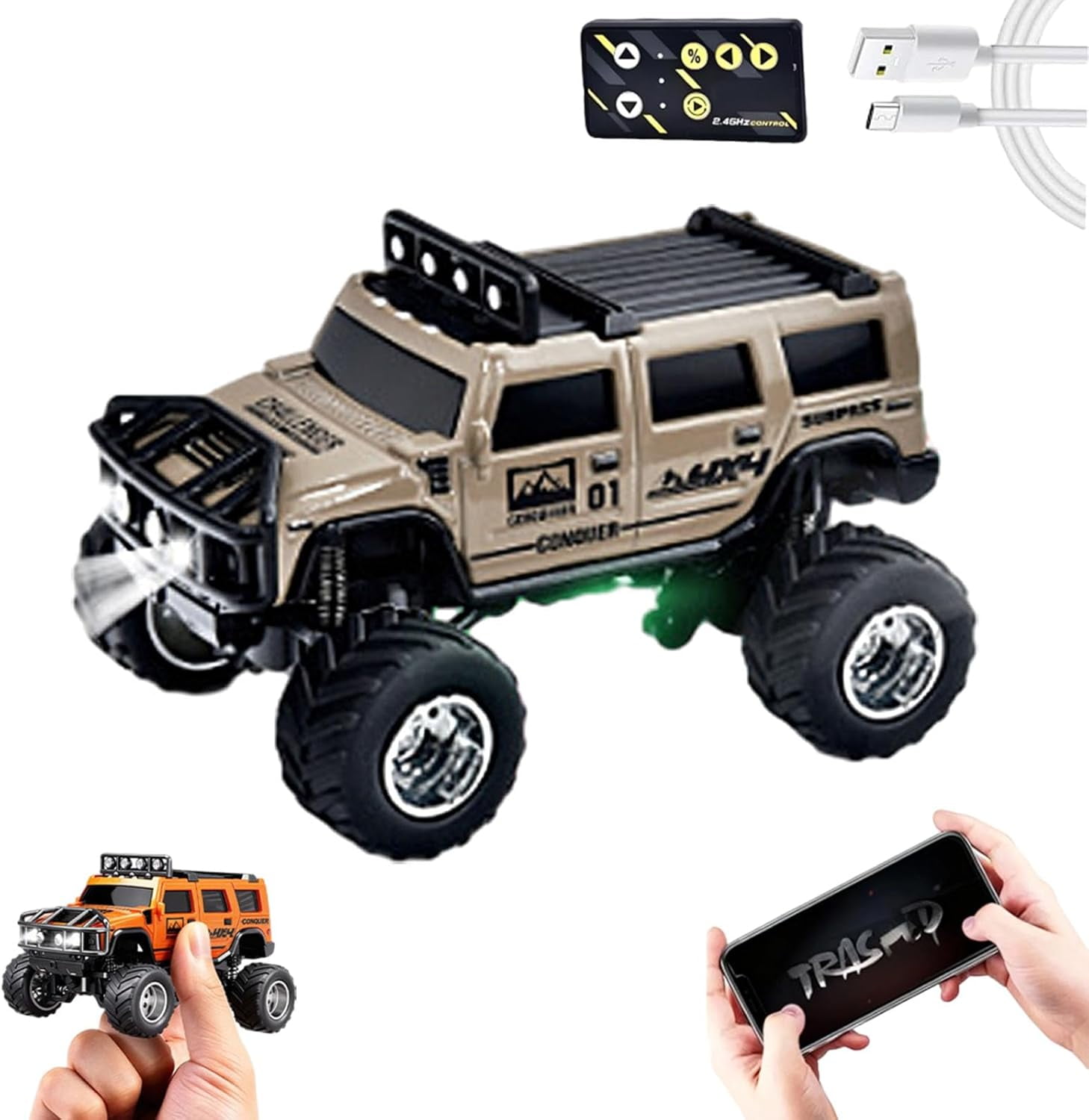 Mini Rc Off-Road Truck with Lights, 1:64 Mini Rc Monster Truck, 2.4ghz Remote and App Control Toy Car, 3-Speed Adjustment, Indoor/Outdoor Racing Toy Truck