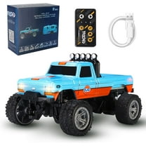 Mini Rc Truck, 1:64 Scale Monster Truck Remote Control Car with Lights, 2.4Ghz Remote Control, Mini Alloy Monster Truck Rc, Speed/Steering Adjustable (Blue)