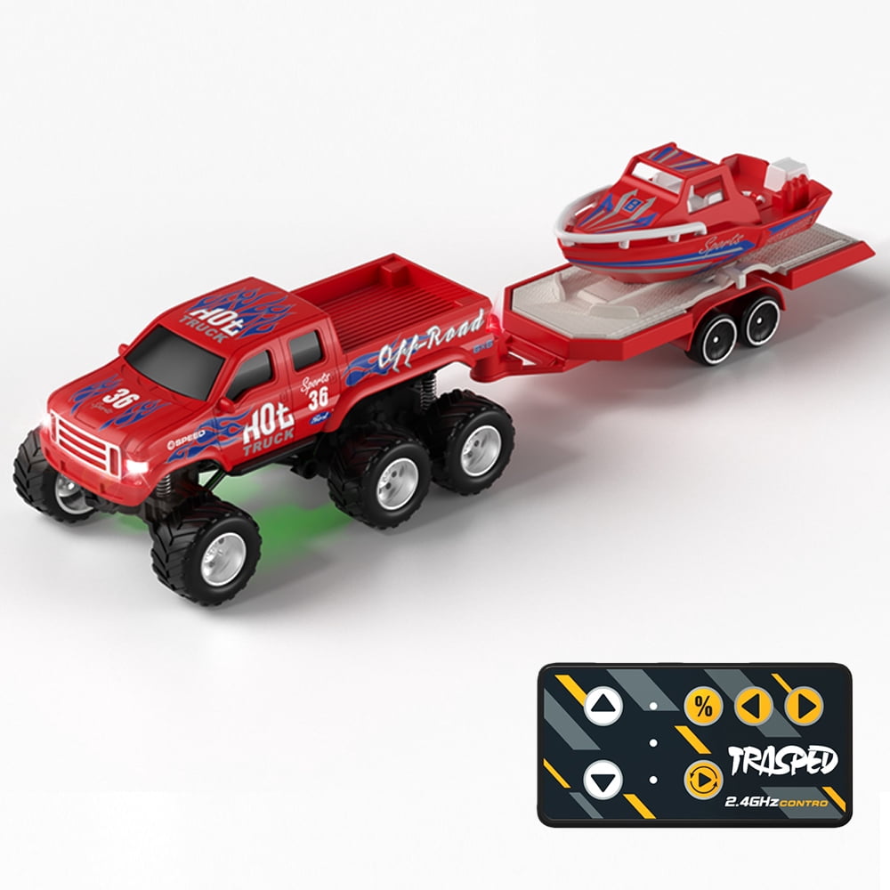 Mini Rc Truck, 1:64 Scale Monster Truck Remote Control Car with Speedboat and Lights, 2.4Ghz Remote Control, Mini Alloy Monster Truck Rc, Speed/Steering Adjustable