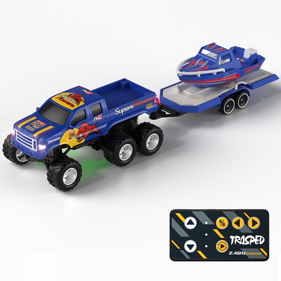 Mini Rc Truck, 1:64 Scale Monster Truck Remote Control Car with Speedboat and Lights, 2.4Ghz Remote Control, Mini Alloy Monster Truck Rc, Speed/Steering Adjustable