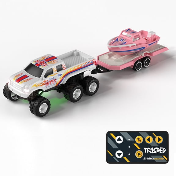 Mini Rc Truck, 1:64 Scale Monster Truck Remote Control Car with Speedboat and Lights, 2.4Ghz Remote Control, Mini Alloy Monster Truck Rc, Speed/Steering Adjustable