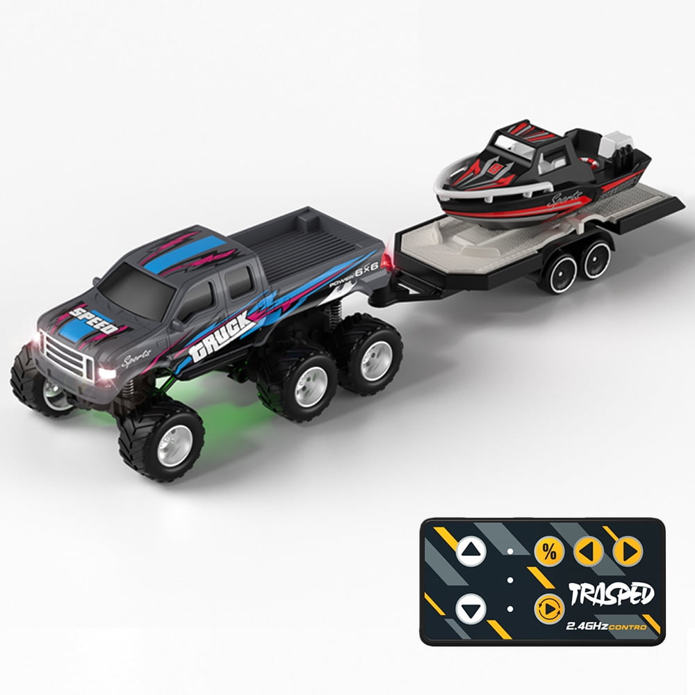 Mini Rc Truck, 1:64 Scale Monster Truck Remote Control Car with Speedboat and Lights, 2.4Ghz Remote Control, Mini Alloy Monster Truck Rc, Speed/Steering Adjustable
